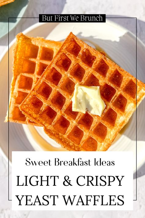 Light and Crispy Yeast Waffles take only 5 minutes prep the night before, for a quick and delicious breakfast the next morning. Their incredibly airy texture will have you keeping your waffle maker on the counter full time! Yeasted Waffles Overnight, Crispy Waffle Recipe, Yeast Waffle Recipe, Belgium Waffle Recipe, Yeast Waffles, Waffle Wednesday, Savory Waffle Recipe, Yeasted Waffles, Crispy Waffles