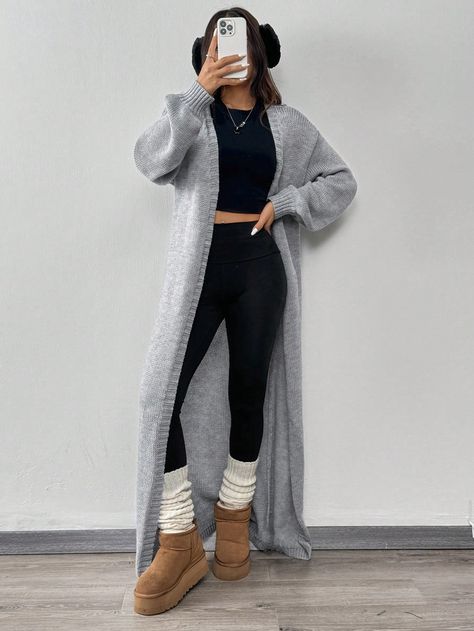 Grey Knitted Long Cardigan For Women, Fall Outfit Grey Casual  Long Sleeve Knitwear Plain  Slight Stretch  Women Clothing, size features are:Bust: ,Length: ,Sleeve Length: Grey Long Sweater Outfit, Body Suit With Cardigan Outfit, Beige Oversized Cardigan Outfit, Long Grey Sweater Outfit, Grey Sweatpants Outfit Fall, Long Cardigan Dress Outfit, Midsize Smart Casual, Autumn Outfits Leggings, How To Style Long Cardigans