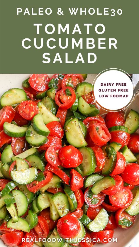 Paleo Whole30 Tomato Cucumber Salad Whole 30 Tomato Cucumber Salad, Cold Low Carb Meals, Cucumber Salad Whole 30, Dairy Free Cucumber Salad, Low Fodmap Salad Recipes, Non Dairy Side Dishes, Low Fodmap Salad, Fodmap Salad, Fodmap Food