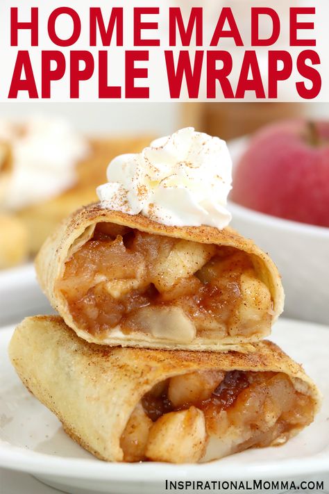 These homemade apple wraps take delicious, homemade apple pie filling, stuff it into tortillas, and pan fry them to golden brown perfection. #inspirationalmomma #homemadeapplewraps #homemadeapplewrapsrecipe #applewraps Apple Wraps, Tortilla Dessert, Caramel Sticky Buns, Fried Apple Pies, Fruit Pie Filling, Homemade Apple Pie Filling, Apple Puff Pastry, Rustic Recipes, Homemade Apple Pie