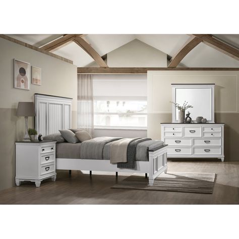 August Grove® Clelane Wood Bedroom Set With Shiplap Panel Queen Bed, Dresser, Mirror, And Nightstand In Weathered White And Walnut | Wayfair 5 Piece Bedroom Set, Sleigh Bedroom Set, Wood Bedroom Sets, Storage Bedroom, Country Casual, Adult Bedroom, Dresser Mirror, Weathered White, White Storage