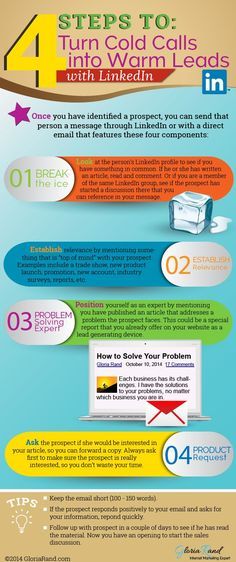 Internet Marketing Expert Gloria Rand shares four steps that business owners can take to use LinkedIn to turn cold calls and connections into warm leads. Linkedin Infographic, Insurance Sales, Insurance Marketing, Linkedin Tips, Sales Techniques, Sales Leads, Cold Calling, Linkedin Marketing, Sales Training