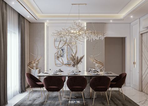 Vip Dining Room Design, Dining Area Back Wall Design, New Classic Dinning Room Interior Design, Behance Dining Room, Dining Area Ceiling Design Modern, Dining Wall Design Modern Luxury, Dining Area Wall Design Modern, Modern Classic Dining Area, Dining Room With Tv On Wall