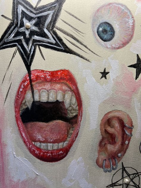 Screaming mouth, eyeball, pierced ear, stars. Eyeball Acrylic Painting, Screaming Mouth Drawing Reference, Drawings Ideas Grunge, Ear Drawing With Piercing, Art Sketchbook Grunge, Emo Canvas Painting, Clay And Canvas Art, Small Painting Ideas Aesthetic, Mouth With Eyeball