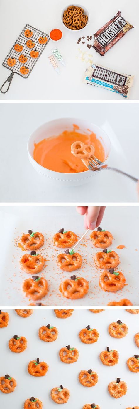 Halloween Party Treats Appetizers and Desserts Recipes - Chocolate Covered Pretzel Pumpkins Recipe via i heart naptime Pretzel Pumpkins, Menu Halloween, Halloween Pretzels, Postres Halloween, Recetas Halloween, Chocolate Covered Pretzel, Halloween Party Snacks, Fall Snacks, Thanksgiving Treats