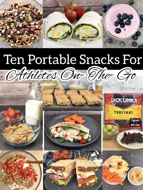 Use this list of portable, nutrient-rich snacks to help athletes get the nutrition they need between meals, so they are fueled, energized and prepared for sports practice, training and competition. #SportsNutrition #Fitness #Sports #YoungAthletes #Parenting Healthy Snack For Athletes, Healthy Snack Ideas For Athletes, Snacks For Teenage Athletes, Meals For Travel Sports, Snacks For Hockey Tournament, Food For Cheerleaders, Softball Travel Meals, Sports Tournament Lunches, Healthy Snacks For Softball Tournaments