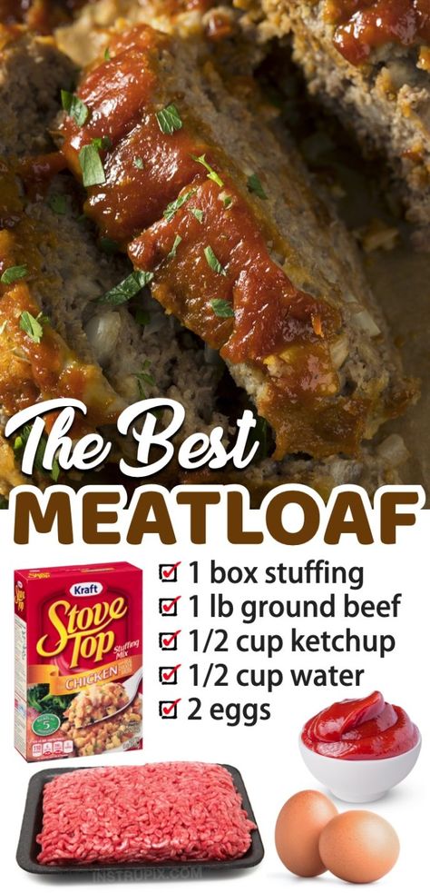 4 Ingredient Meatloaf (Made With a Box of Stuffing) - Instrupix 4 Ingredient Meatloaf, Homestyle Recipes, Stove Top Stuffing Meatloaf, The Best Meatloaf, Stove Top Stuffing, Oven Meals, Delicious Meatloaf, Meatloaf Ingredients, Easy Delicious Dinners