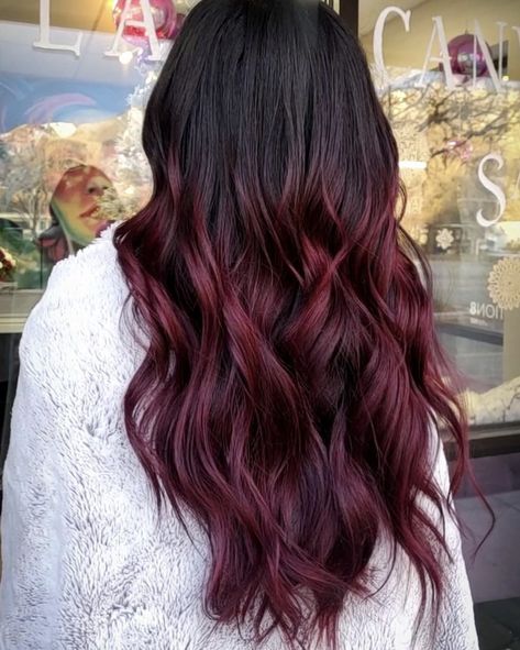 Ombre Hair Color Red Burgundy, Dark Brown To Maroon Ombre, Dark Red Hair Color Balayage, Brown To Maroon Ombre Hair, Balayage For Dark Brown Hair With Red, Blended Red Brown Hair, Magenta Balayage Hair, Burgundy Brunette Balayage, Dark Wine Hair Color Burgundy