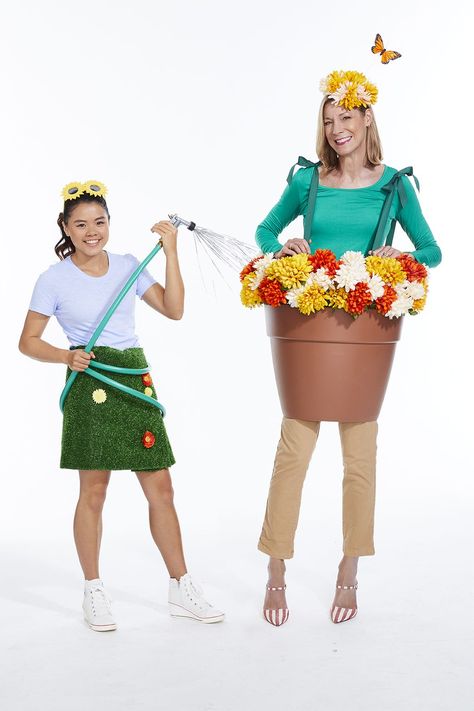 Watering Can Costume, Flower Pot Costume, Mother Daughter Halloween Costumes, Mother Daughter Costumes, Red Leotard, Blue Oxford Shirt, Diy Costumes Women, Green Apron, Glinda The Good Witch