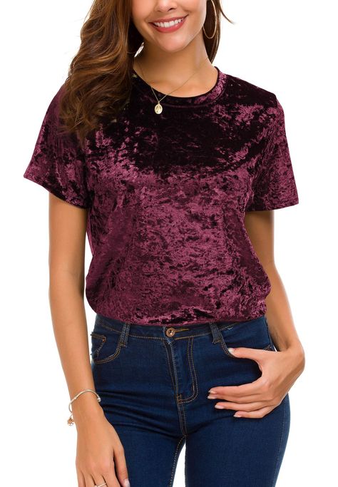 Women's Crew Neck Velvet Top Short Sleeve T-Shirt #Sponsored Wine Dresses, Blue Velvet Shirt, Shirt Style Tops, Velvet T Shirt, Velvet Short, Velvet Shorts, Retro Tops, Velvet Shirt, Loose Pullover