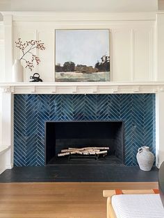 Navy Fireplace, Fireplace Hearth Ideas, Herringbone Fireplace, Hearth Ideas, Mosaic Fireplace, Fireplace Accent Walls, Hearth Tiles, Fireplace Feature Wall, Fireplace Tile Surround