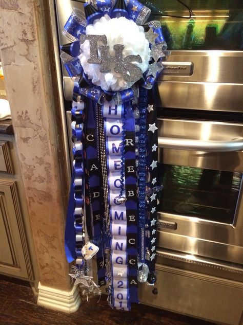 Blue and White Homecoming Mum Blue And Silver Mums Homecoming, Blue White Silver Homecoming Mum, Homecoming Mum Blue And White, Homecoming Mums Blue And White, Blue And White Mums Homecoming, Blue And White Homecoming Mums, Blue Mums Homecoming, White Homecoming Mum, Mum Braids