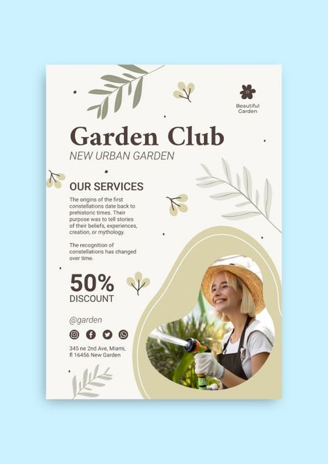 Hand-drawn Waves Garden Club Flyer Gardening Flyer Design, Garden Flyer Design, Flyer Design Inspiration Layout, Gardening Flyer, Elements Canva, Keyword Elements Canva, Music Flyer, Flyer Design Inspiration, Club Poster