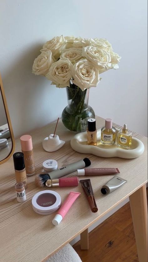 makeup🤍 Aesthetic Rare Beauty, Ultra Beauty, Makeup Bag Essentials, Makeup Desk, Glasses Makeup, Makeup Aesthetic, Makeup Room, Rare Beauty, Milk Makeup