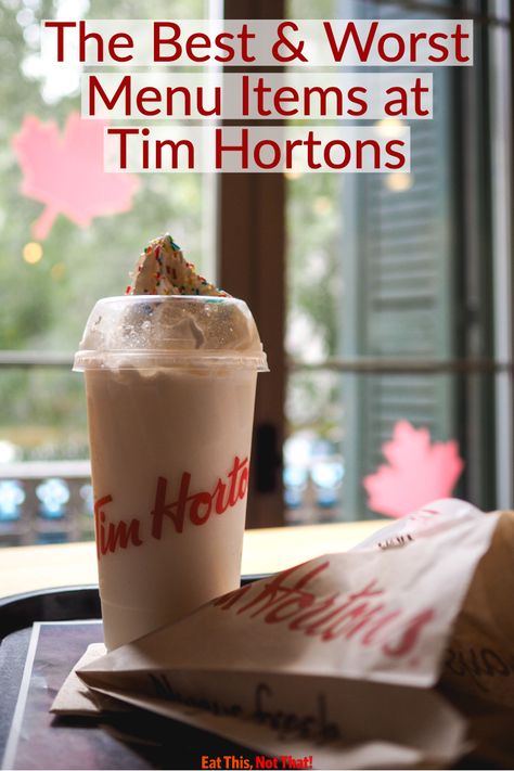 Sometimes, you're just in the mood for some coffee and a donut and here, a registered dietitian analyzes the menu so you know exactly what to order. #timhorton #timhortons #bestandworst #menupics Tim Hortons Order Ideas, Tim Hortons Coffee Order, Tim Hortons Menu, Tim Hortons Iced Coffee, Healthy Breakfast Items, Tim Hortons Coffee, Unsweetened Iced Tea, Tim Horton, Angus Steak