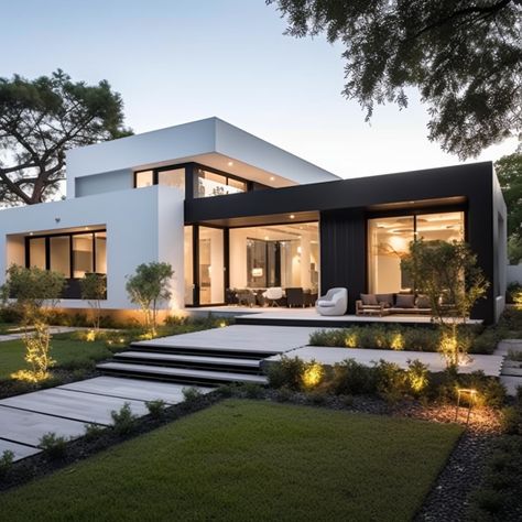 Modern White And Black House, Black And White Home Aesthetic, Black And White Modern House, Black Contemporary House, Minimal Villa Design, Modern Black And White House, White House Black Windows, Black And White House Exterior, Spite House