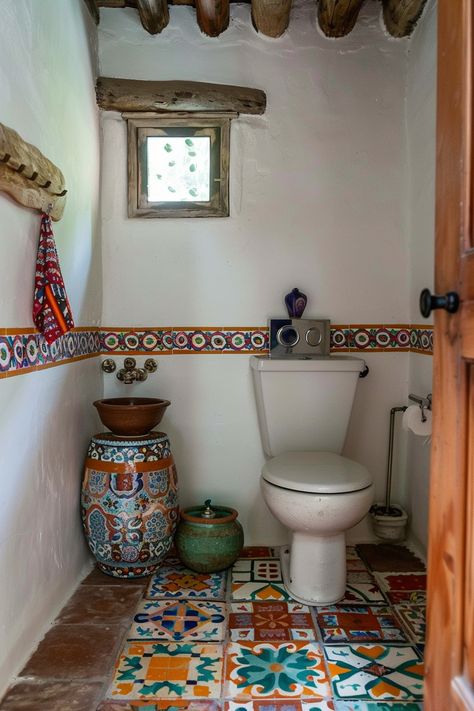 15 Tips to Achieve the Perfect Mexican Farmhouse Decor – Everyday Inspo Bathroom Mexican Tiles, Mexican Inspired Bathroom, Adobe House Decor, Mexican Bathroom Decor, Spanish Interior Design Bedroom, Mexican Apartment, Mexican Houses Interior, Mexican Room Decor, Hacienda Style Bathroom