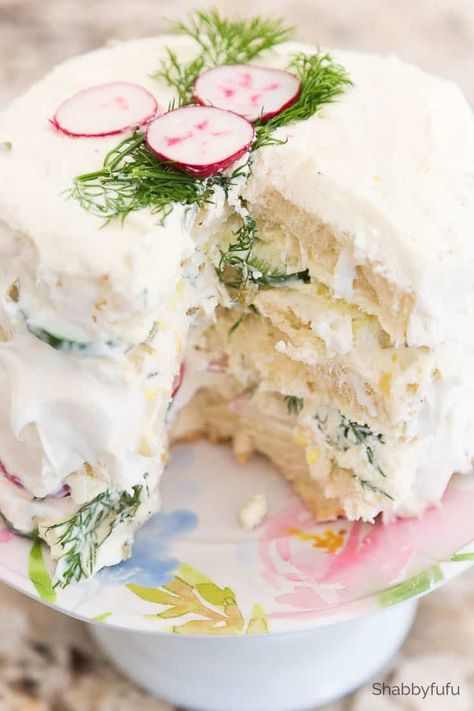 Spring cake recipe that you'll love and it's a main course, not dessert!     #springrecipe #teaparty #cakeideas #sandwich Spring Cakes Recipes, Old Fashioned Oatmeal Cookies, Tea Sandwich, Tea Party Sandwiches, Tea Sandwiches Recipes, Cake Sandwich, Salad Cake, Spring Recipe, Healthy Afternoon Snacks