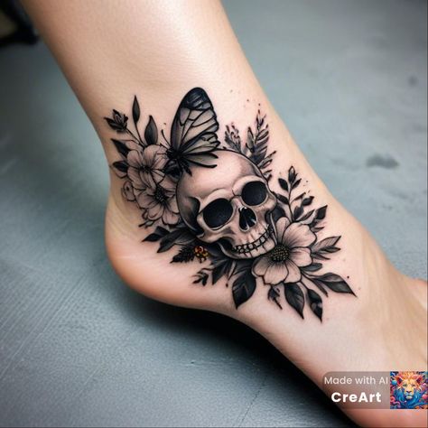 Skull With Flowers And Butterflies, Skull Flowers Tattoo Design, Skull Arm Tattoos For Women, Half Skull Half Flower Tattoo, Skull Tattoos With Flowers, Skull Crossbones Tattoo, Skull And Flowers Tattoo Design, Girl Skull Tattoo, Find Someone Who Grows Flowers Tattoo