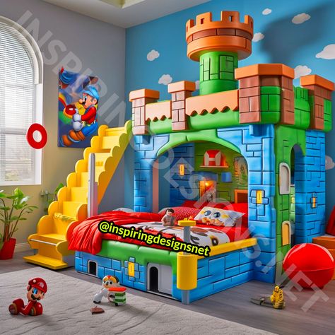 These Giant Mario Kids Beds Will Warp Your Children Straight into Dreamland! Mario Loft Bed, Kids Mario Bedroom, Super Mario Bunk Bed, Cool Kid Beds, Super Mario Kids Room, Super Mario Bros Bedroom Ideas, Super Mario Bros Room Ideas, Mario Kart Bedroom, Princess Bed Ideas