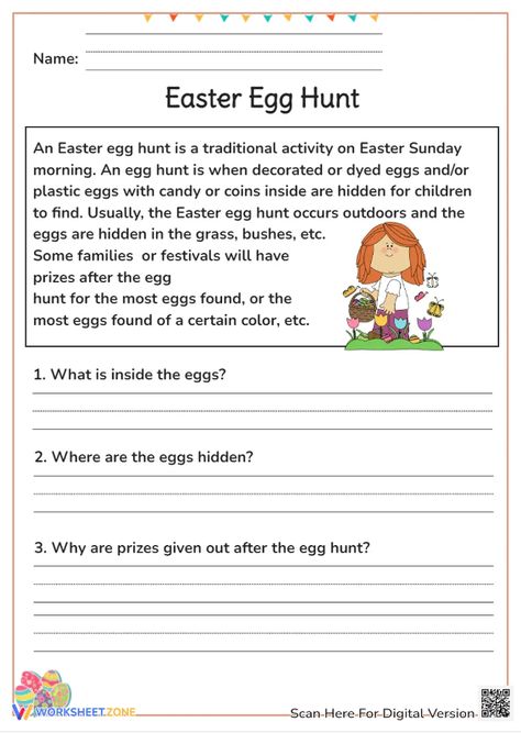 This worksheet is about "Easter Egg Hunt". Let's practice your reading skill by answering the questions below the passage. #easterworksheets #easteractivities #easterreadingcomprehension #readingcomprehensionworksheets #worksheetsforkids #readingforkids #kidsactivities Easter Reading Comprehension, Easter Egg Hunt Activities, Easter Worksheets, Easter Printables Free, About Easter, English Lessons For Kids, Comprehension Worksheets, English Activities, Reading Comprehension Worksheets