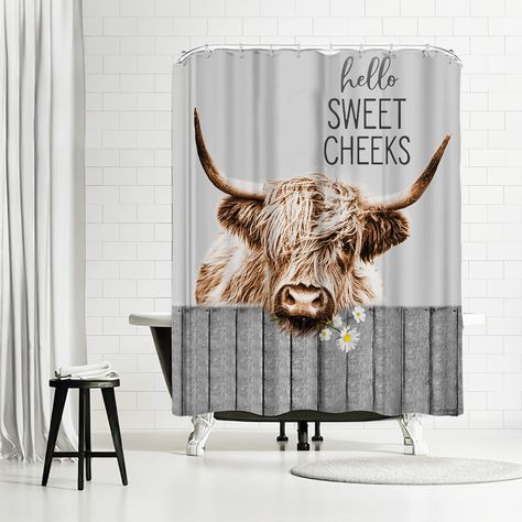 Cow Shower Curtain, Grey Farmhouse, Animal Shower Curtain, Waffle Weave Shower Curtain, Country Cow, Funny Artwork, Longhorn Cow, Hello Sweet Cheeks, Bathroom Curtain