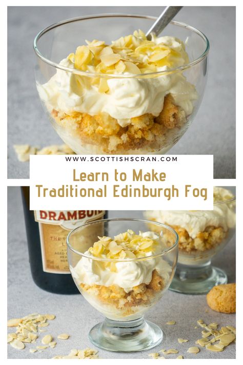 Easy Edinburgh Fog Recipe - Scottish Scran Scottish Thanksgiving Recipes, Scottish Cranachan Recipe, Christmas Baking Uk, Scotland Desserts, British Pub Food Recipes, Easy Scottish Recipes, Scottish Holiday Recipes, Welsh Recipes Traditional, Scottish Desserts Traditional