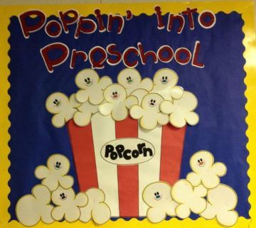 Preschool Welcome Board, Popcorn Bulletin Board, Birthday Boards Classroom Preschool, Welcome To Preschool, Popcorn Theme, Door Bulletin Boards, Kindergarten Bulletin Boards, Birthday Board Classroom, Preschool Boards