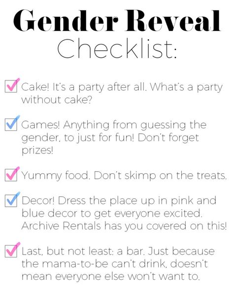 6 Gender Reveal Party Ideas + a Party Checklist | Archive Rentals Planning A Gender Reveal Checklist, Gender Reveal Party Planning Checklist, Gender Reveal Planning Checklist, Gender Reveal Party Checklist, Planning A Gender Reveal Party, Gender Reveal Ideas For Party Theme Fun, Gender Reveal Checklist, Gender Reveal Ideas For Party, Unique Gender Reveal Party Ideas