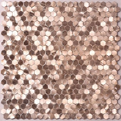 Metallic Kitchen Tiles, Rose Gold Hexagon Stainless Steel Mosaic Metallic Tiles Bathroom, Gold Tiles Kitchen, Metallic Tiles Kitchen, Metallic Kitchen, Copper Mosaic Tile, Metallic Tile, Gold Mosaic Tile, Hexagon Tile Bathroom, Metallic Wall Tiles