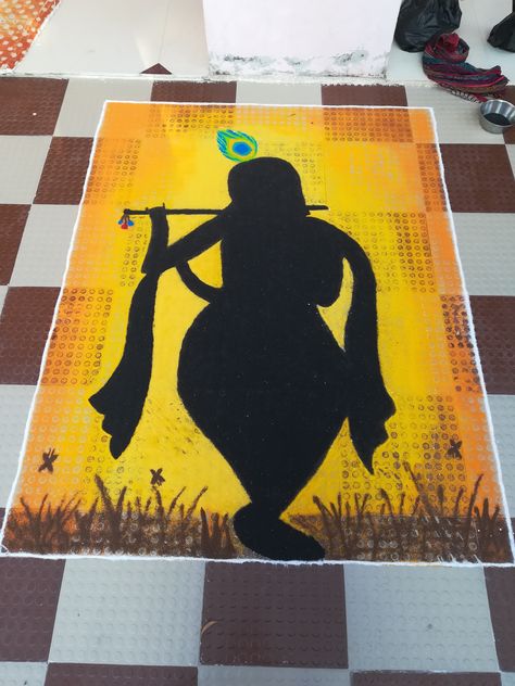 Rangoli shadow poster Rangoli With Black Colour, Lord Krishna Rangoli Design, Dwarkadhish Rangoli, Rangoli Poster Design, Kanha Rangoli Design, Krishna Poster Rangoli, Kanha Rangoli, Creative Rangoli Designs For Competition, Rangoli Ideas Creative For Competition