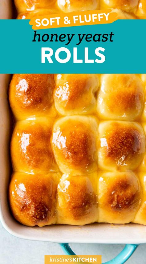 The BEST soft and fluffy yeast rolls! These homemade dinner rolls are brushed with honey butter after baking. This yeast roll recipe is easy to make with simple ingredients! #yeastrolls #dinnerrolls #baking #bread Yeast Rolls Made With Crisco, Honey Bread Rolls, Yeast Dinner Rolls Homemade, Honey Butter Bread Recipe, Fast Rising Yeast Bread Easy Recipes, Homemade Butter Rolls, Brioche Rolls Recipe, Refrigerator Yeast Rolls Recipe, Honey Rolls Recipe