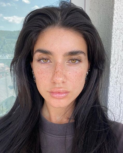 Black Hair Tan Skin Brown Eyes, Dark Hair Tan Skin Brown Eyes, Dark Chocolate Brown Hair Pale Skin, Dark Brown Hair With Hazel Eyes, Freckles Dark Hair, Black Hair Amber Eyes, Dark Hair And Freckles, Dark Hair Light Eyebrows, Dark Hair Pale Skin Brown Eyes