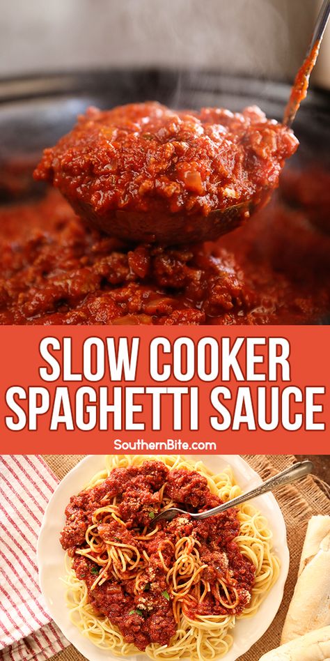 This Slow Cooker Spaghetti Sauce recipe is the perfect, slow cooked, thick, rich, flavorful meat sauce for spaghetti, lasagna, baked ziti, you name it! The crock pot does all the work for you and delivers a sauce that any Italian grandmother would be proud of! Slow Cook Spaghetti Sauce, Spaghetti Sauce Crockpot Slow Cooker, Spaghetti Sauce Slow Cooker, Crockpot Pasta Sauce Recipes, Slow Cooker Spaghetti Sauce With Meat, Spaghetti Sauce In Crockpot, Cockpit Recipes, Spaghetti Sauce Crockpot, Spaghetti Slow Cooker