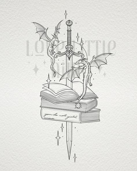 “You do not yield” 🗡️📚 this pretty Throne of Glass x Fourth Wing piece is for the lovely Jen 🖤 love getting to draw a fancy sword! #fourthwing #throneofglass #tattooart Tattoo Of Books Ideas, Books And Swords Tattoo, Throne Of Glass Sketches, Throne Of Glass Tattoos For Women, Throne Of Glass Fan Art Swords, The Fourth Wing Tattoo, Throne Of Glass Tattoo Ideas Aelin, Forth Wing Tattoos, Cool Book Tattoos