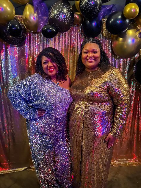 Chasi Jernigan and Keyosha Emerson wearing sequin at the sneaker ball Sequin Shirt Outfit Party, Plus Size Glitter Outfit, Disco Plus Size Outfit, 70s Disco Party Outfit Plus Size, Plus Size Disco Outfit, Plus Size Sequin Outfit, Sequin Shirt Outfit, 70s Disco Party Outfit, Plus Size Sequin Jumpsuit