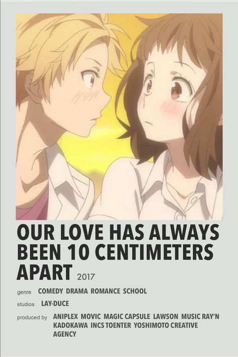 Our Love has Always Been 10 Centimeters Apart Minimal anime poster Our Love Has Been 10 Centimeters Apart, Anime Minimal Poster, Our Love Has Always Been 10cm Apart, Romance Animes, Romance Anime List, List Anime, Anime Cards, Anime Name, Minimalist Anime