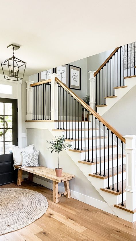 Fall entryway idea featuring: Beni the pup 🐶 (because he wouldn’t move🤷🏻‍♀️). . . . 👉Curious where its from? You can shop my post through… | Instagram Stairs By Entryway, Entrance Stairs Entryway, Entry Way With Stairs, Black Staircases, Stairs 2023, Stairs Farmhouse, Stair Update, Entrance Chandelier, Sw Iron Ore