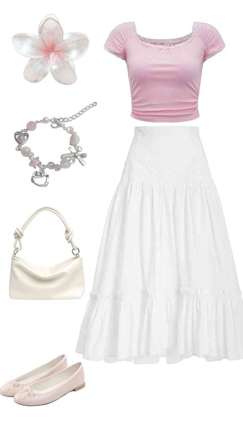 Aesthetic White Skirt Outfit, Girly 2000s Outfits, Outfit Layout Summer, Princess Casual Outfits, Pink Skirt Outfit Ideas, Girly Outfits Pink, Top Bridesmaid Dresses, Cute Outfits Simple, Modest Girly Outfits