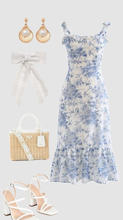 Preppy Floral Outfits, Lookbook Outfits Dress, Bridal Shower Outfits For Guest, Girly Spring Outfits, Spring Church Outfits, Cute Graduation Outfits, Pastel Blue Outfit, Feminine Summer Outfits, Soft Feminine Outfits