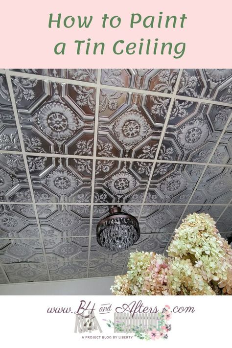 Painted Tin Ceiling Tiles – B4 and Afters Ceiling Tiles Ideas Painting, Painted Tin Ceiling, Painted Tin Ceiling Tiles, Painting Ceiling Tiles, Ceiling Tiles Diy, Ceiling Alternatives, American Tin Ceiling, Octagon Pattern, Metal Ceiling Tiles