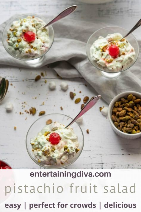 Pistachio Fruit Salad (or Watergate Salad) | Christmas Entertaining Green Fluff Salad, Pistachio Fruit Salad, Green Fluff, Pistachio Fluff, Fluff Salad Recipes, Watergate Salad, Fluff Salad, Pistachio Salad, Potluck Dinner