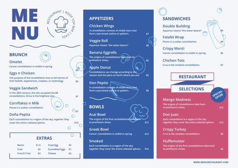 Modern Hand-drawn Rooftop Bar Horizontal Menu Menu Design Horizontal, Horizontal Menu Design, Menu Design Layout, Diner Menu, Menu Illustration, Smoothie Shop, Italian Menu, Appetizer Sandwiches, Menu Flyer