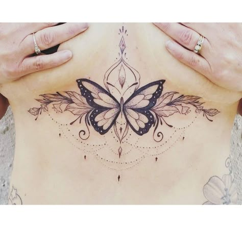 Butterfly Sternum Tattoo | Tattoo Ideas and Inspiration Butterfly Sternum Tattoo, Chandelier Tattoo, Tattoo Between Breast, Sternum Tattoo Design, Sternum Tattoos, Underboob Tattoo Designs, Small Butterfly Tattoo, Butterfly Tattoos For Women, Underboob Tattoo