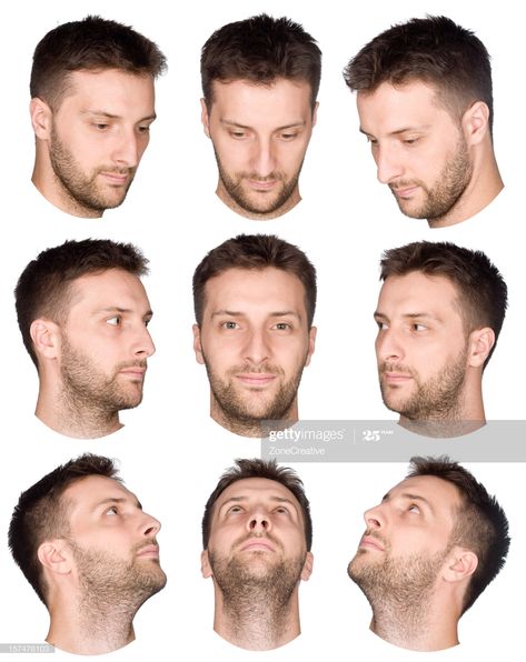 Stock Photo : short hair man face collection from various views Face Angle, Different Facial Expressions, Head Angles, Head Anatomy, Face Angles, Face Anatomy, 얼굴 드로잉, Face Study, Man Face