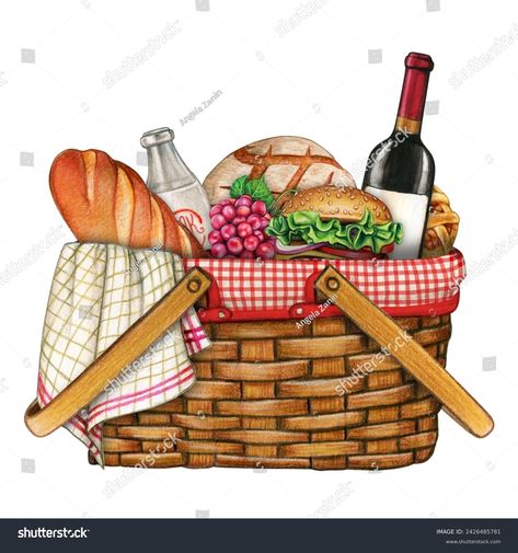 Watercolor Hand Drawn Realistic Picnic Basket Stock Illustration 2426485781 | Shutterstock Picnic Drawing Reference, Picnic Basket Drawing, Picnic Illustration, Basket Illustration, Basket Picnic, Basket Drawing, Bujo Ideas, Design Practice, Digital Planning