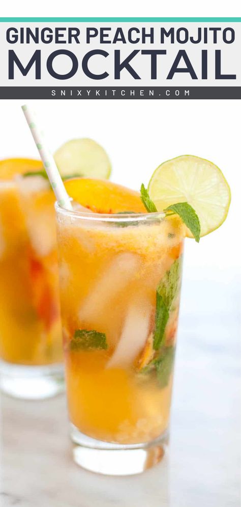 Peach Mojito, Non Alcoholic Mojito, Virgin Cocktails, Mint Drink, Summer Bbq Recipes, Mojito Mocktail, Peach Drinks, Virgin Mojito, Ginger Drink