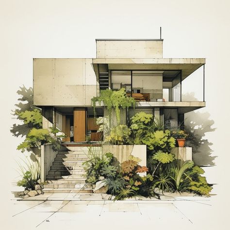 Facade Architecture Design, Watercolor Architecture, Architecture Sketchbook, Architecture Design Sketch, Architecture Design Drawing, Architecture Model House, Architecture Building Design, Architecture Concept Drawings, Landscape And Urbanism