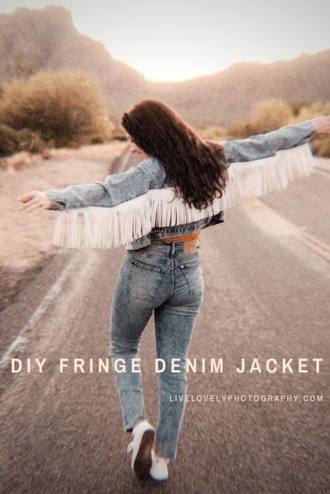 DIY Vintage Denim Fringe Jacket Tutorial | How to decorate a denim jacket | Live Lovely Photography | #roadtrip #roadtripoutfit #denimjacket #DIY #DIYdenimjacket #vintagedenimjacket #vintagedenim #lifestyleblogger #roadtripstyle #fashionblogger #vintagedenim #USA #DIYdenimjacket #fringejacket #fringe #Connecticutblogger #fashionstatement #jacket #denim #makeityourself #howto #decorate Adding Fringe To Jean Jacket, Add Fringe To Jean Jacket, Diy Fringe Denim Jacket, How To Add Fringe To A Jean Jacket, Decorating Denim Jackets, Jean Jacket Decorating Ideas, Fringe Denim Jacket Outfit, Fringe Jacket Diy, Diy Fringe Jacket