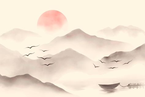 Traditional Chinese Watercolor Painting, Asian Watercolor Art, Chinese Landscape Painting Horizontal, Landscape Japanese Art, Traditional Chinese Art Landscape, Chinese Watercolor Painting Landscape, Japanese Mountain Painting, Korean Painting Traditional, Japanese Painting Landscape